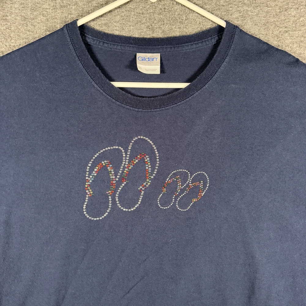 Gildan Shirt Womens 2XL Blue Rhinestone Flip Flop Graphic Beach Tee Top Summer